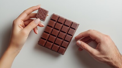 Stylish hands sharing chocolate in a fashion-forward editorial setting