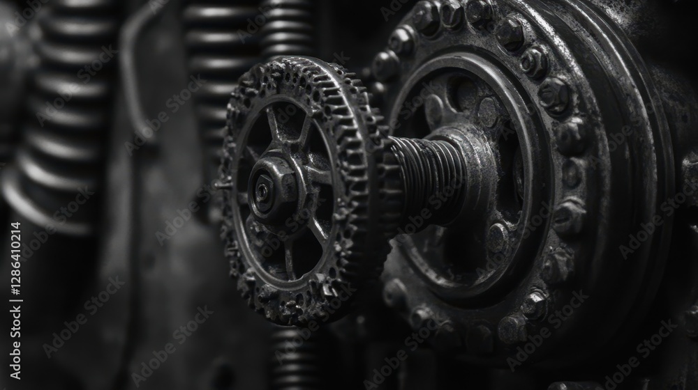 Poster black and white image of intricate gears on a machine, showcasing the detailed mechanics and enginee