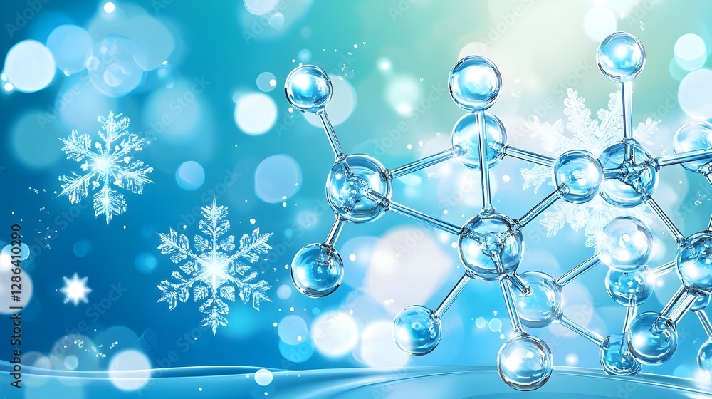 Poster molecule structure with snowflakes and blue background for science and winter concepts