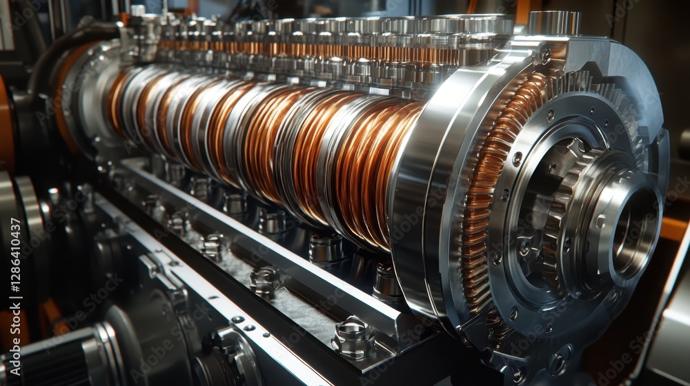 Poster a machine featuring a prominent large copper coil, showcasing its intricate design and functionality
