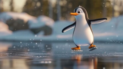 Fototapeta premium Cartoon penguin ice skating on frozen lake