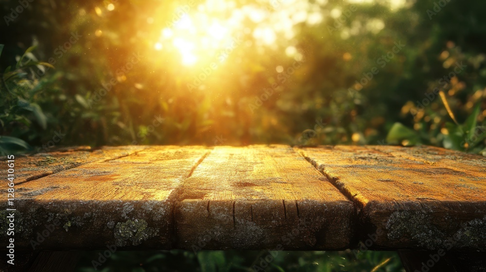 Poster a detailed close-up of a wooden table illuminated by sunlight filtering through lush green trees, cr