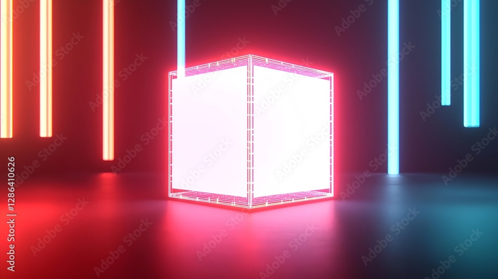 Poster neon cube template with copy space and red and blue lights. abstract background.