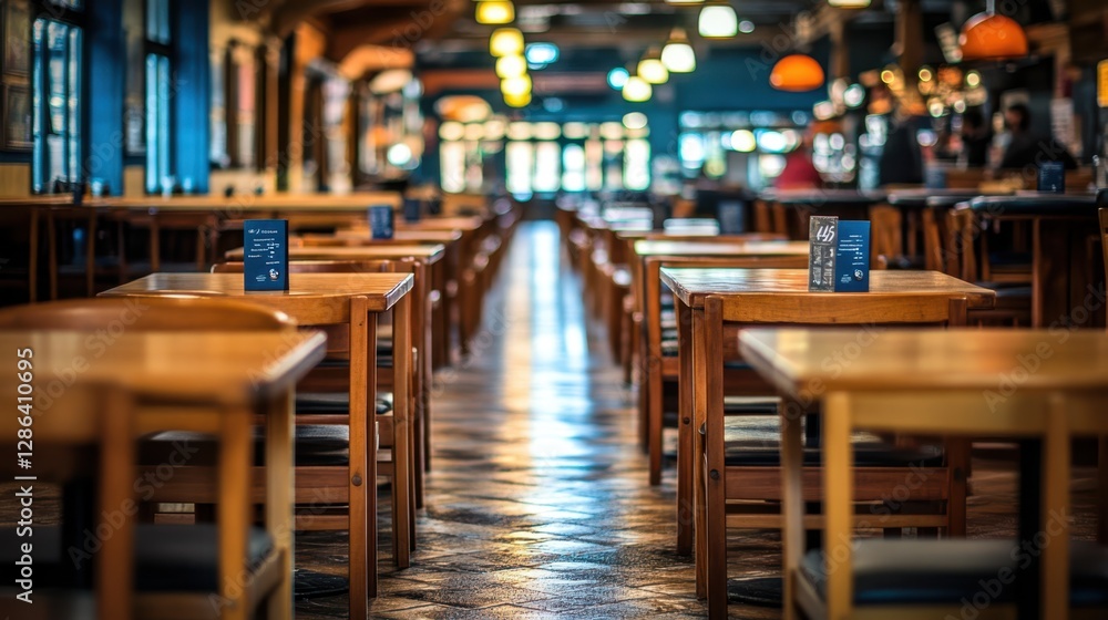 Poster a vibrant restaurant scene featuring numerous tables and chairs illuminated by an array of lights, c