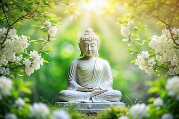 Serene Buddha Statue with Blossoming Flowers and Trees in Soft Natural Light - Peaceful Stock Photo