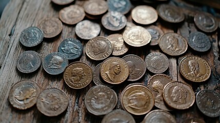 Various coins, ranging in color and texture, scattered across a wooden surface, reflect the diversity of currency and history.