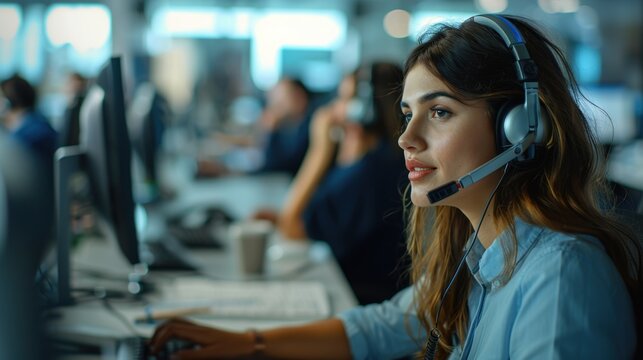 Woman wearing a headset is working at a computer