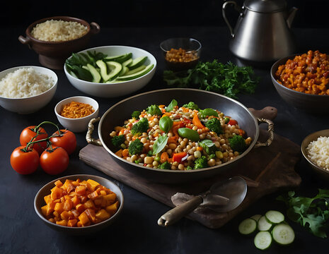 A colorful assortment of vegetables and rice displayed in various bowls, showcasing a healthy and vibrant mea