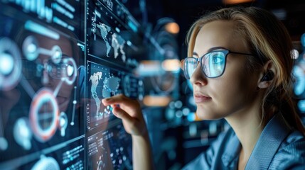 Woman wearing glasses is looking at a computer screen with a lot of data on it