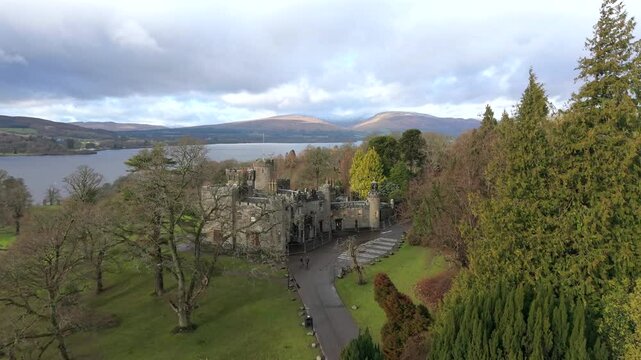Aerial derelict ruin castle Balloch loch lomond lake Scotland.