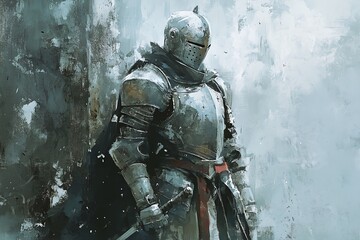 Fototapeta premium Knight in full armor stands in front of a wall.