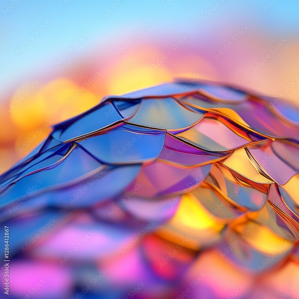 Poster iridescent layered glass structure reflecting vibrant sunset hues with intricate patterns and futuri