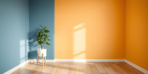 Fototapeta premium Bright wall background featuring a potted green plant on a wooden surface, creating a cheerful and vibrant atmosphere. Minimal furniture idea. A vibrant green plant.