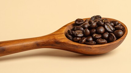 Fototapeta premium Wooden coffee scoop filled with Robusta beans on a clean beige background