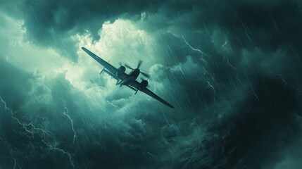 Naklejka premium Airplane Flying Through a Dark Stormy Sky