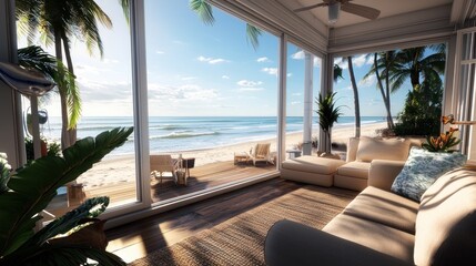 Obraz premium Serene beachfront living room with ocean view, palm trees, and relaxing atmosphere