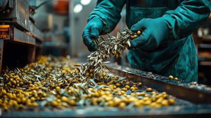 Worker actively loads freshly cut olive branches into a crusher for processing