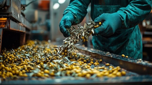 Worker actively loads freshly cut olive branches into a crusher for processing