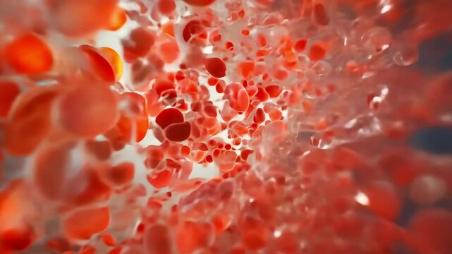 A highly detailed 3D-rendered visualization of red blood cells inside a blood vessel, representing advanced medical science, circulation, and biotechnology research.  
