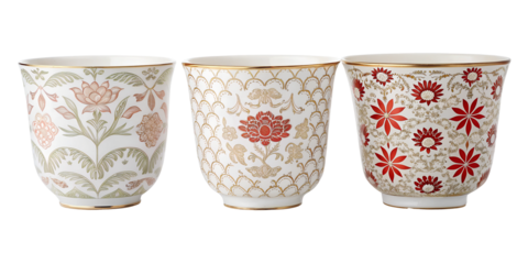 Elegant Porcelain Cup with Intricate Design in Three Different Styles, PNG Transparent