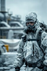 Naklejka premium Man in a white suit with a backpack and a gas mask