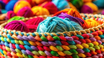 High Depth of Field Photography: Colorful Knit Fabric in Woven Straw Basket, Minimalist Scene