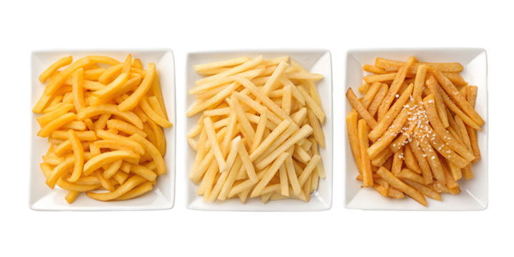 Delicious French Fries on Plate in Three Different Styles for Food Photography, PNG Transparent