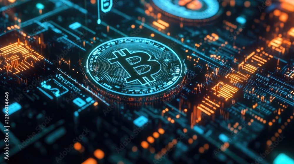 Poster digital cryptocurrency concept with bitcoin in a technological background