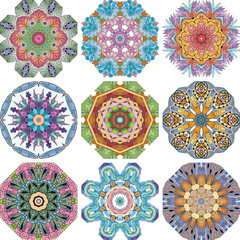 Set of colorful cute Mandalas. Decorative unusual round ornaments.