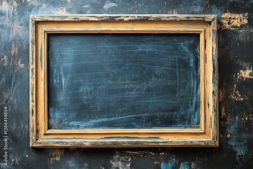 Poster old and empty blackboard with wooden frame on a dark background, showing chalk marks and ready for t