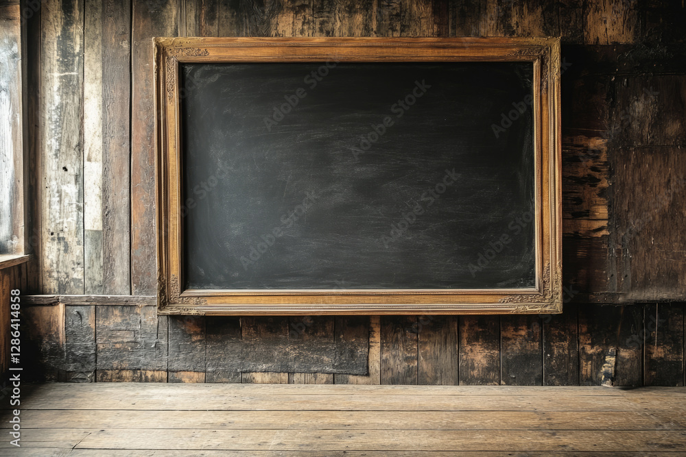 Poster old and empty blackboard with wooden frame on a dark background, showing chalk marks and ready for t