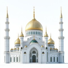 Obraz premium White and gold domed mosque with towering minarets standing against pure backdrop radiating divine elegance and intricate Islamic architecture symbolizing religious devotion and craftsmanship