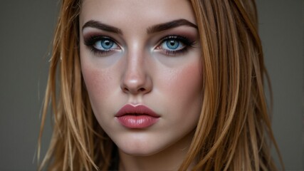 Fototapeta premium A woman with long brown hair and blue eyes is wearing makeup