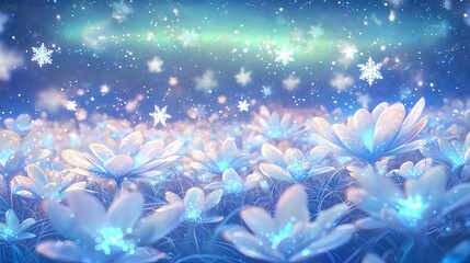 Winter Flowers Background with Snowflakes and Blue Glow - Festive Floral Design