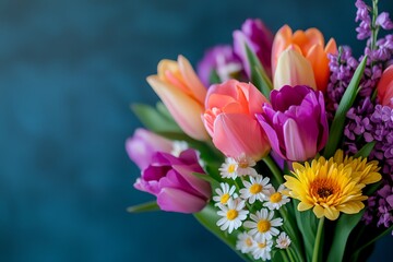 Obraz premium Bouquet of flowers with a blue background.