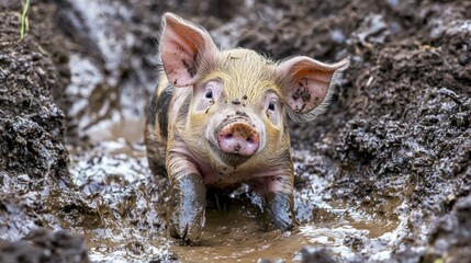A heritage piglet exploring a muddy farm enclosure.