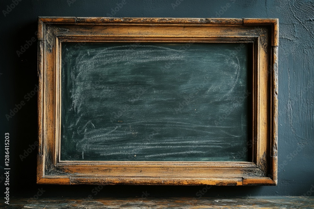 Poster old and empty blackboard with traces of chalk in a vintage wooden frame hanging on a dark wall, crea