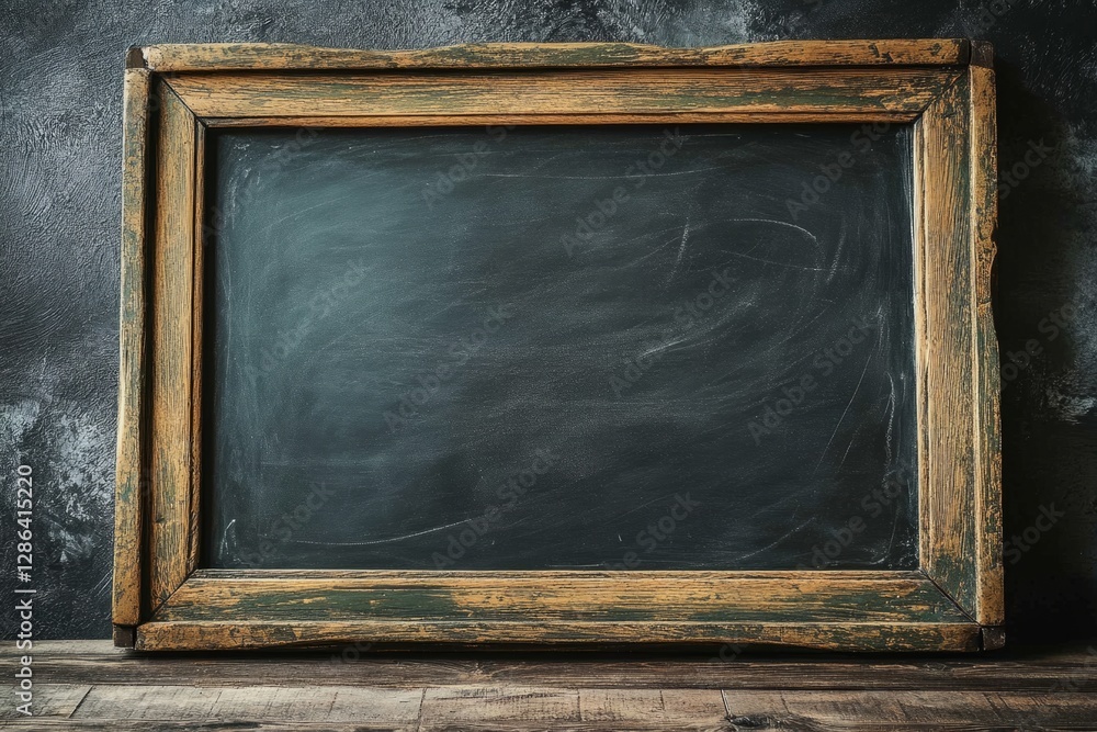 Poster empty chalkboard with aged wooden frame on rustic background evokes nostalgic educational setting