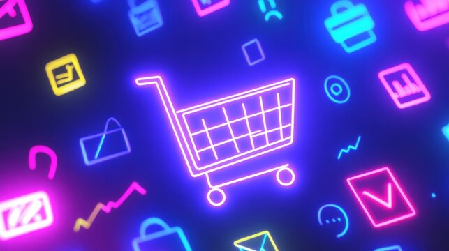 Neon Shopping Cart Icon Surrounded by Colorful E-Commerce Symbols