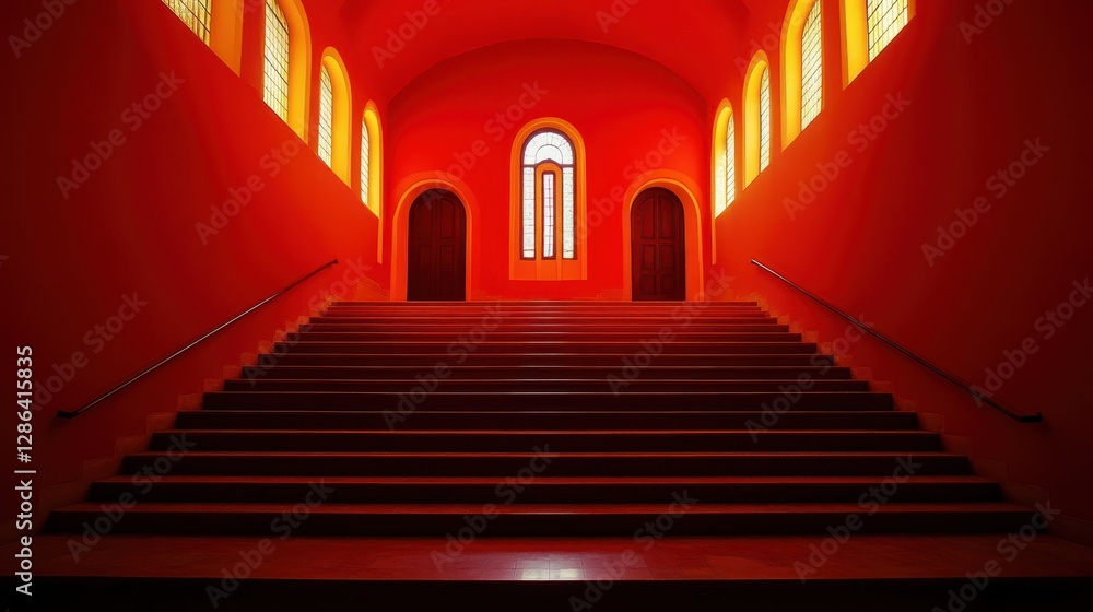 Poster aerial view of a staircase ascending towards a vividly painted red room that features a window, crea