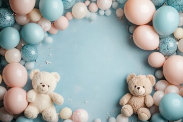 Gender reveal party flat lay with pastel colored balloons and two teddy bears framing a blue background with copy space