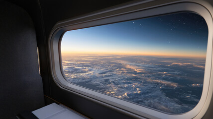 Naklejka premium View of clouds and horizon from airplane window at sunrise
