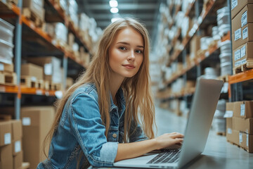 woman working on computer in large industrial warehouse female worker keeping accounting records in goods warehouse