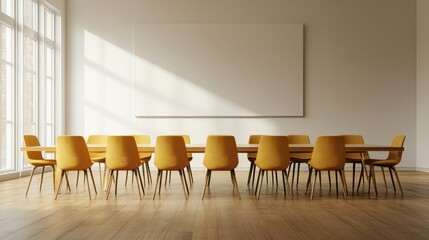 A spacious room features a large table surrounded by chairs, illuminated by natural light streaming through a large window.