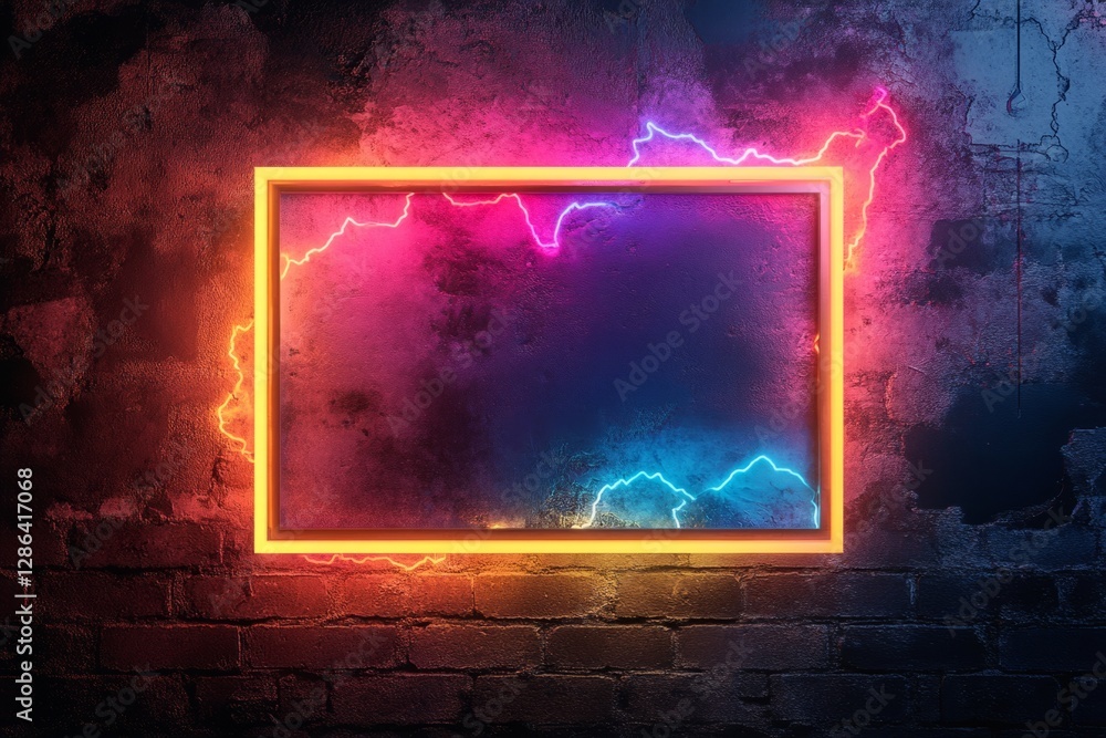 Aufkleber empty glowing neon frame with electric strokes illuminating a grunge brick wall, creating a colorful