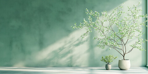 Obraz premium Minimalist interior with potted white flowering tree against a green wall, bathed in soft natural light, copy space