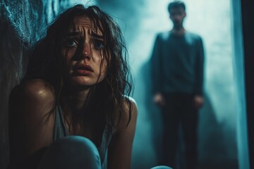 Scared young woman crouching in a corner, hiding from a blurred threatening man in a dark and creepy place