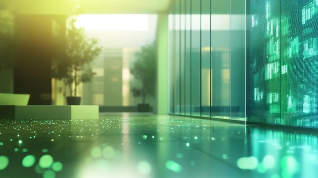 Modern office lobby with glass wall displaying data.