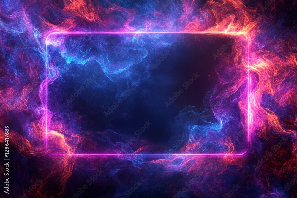 Poster abstract background with colorful smoke and glowing neon frame, creating a vibrant and dynamic visua