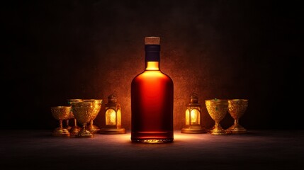 Vintage Rum Bottle Surrounded by Glowing Lanterns and Goblets